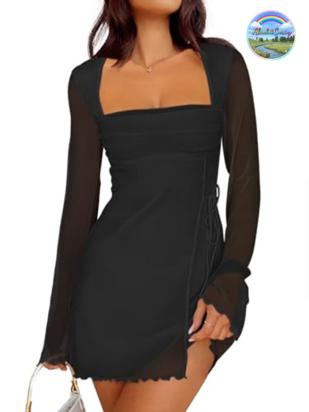 Sexy Mesh Long Sleeve Mini Dress Square Neck Bodycon Ruched Wrap Tie